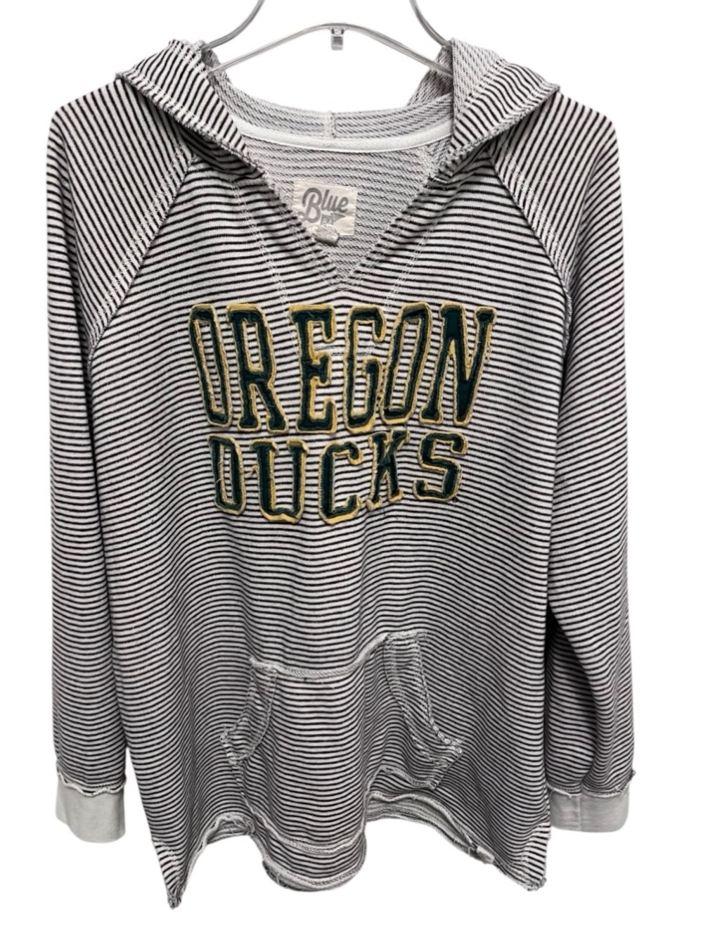 Women's Blue 84 Cream/Gray Oregon Ducks Striped Raglan Pullover Hoodie - Picture 2 of 7